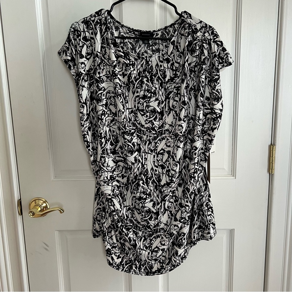 NWT Womens HALOGEN Plus Size 2X Black & Ivory Printed Ruched Top